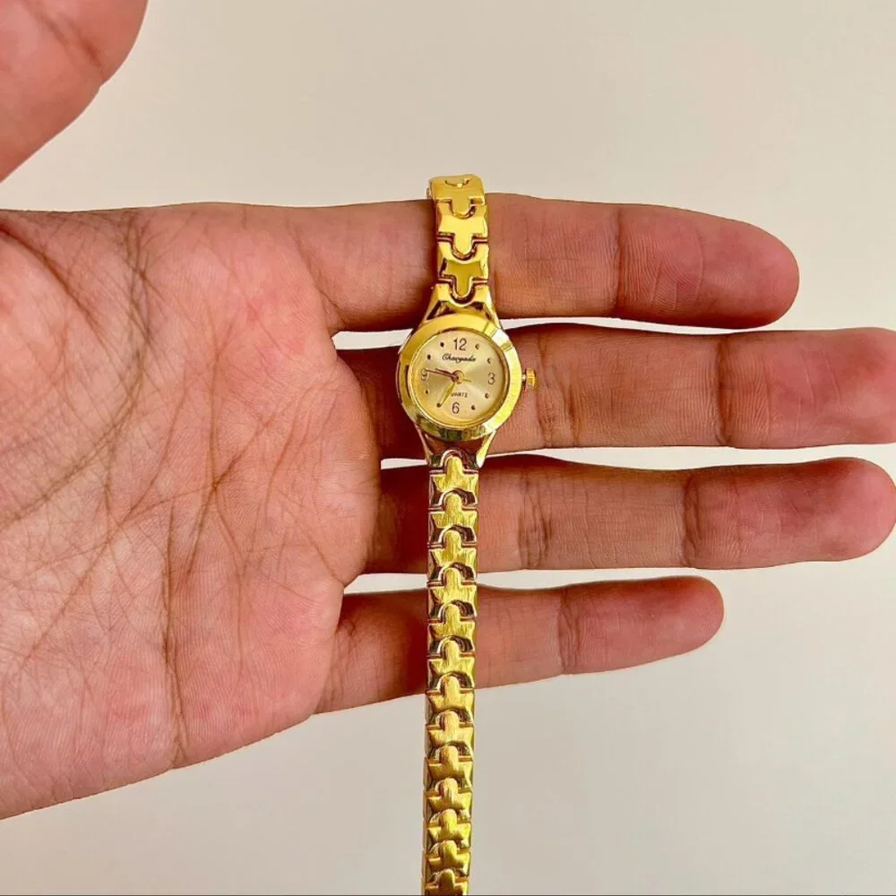 y2k vintage style cute gold round stainless steel quartz watch